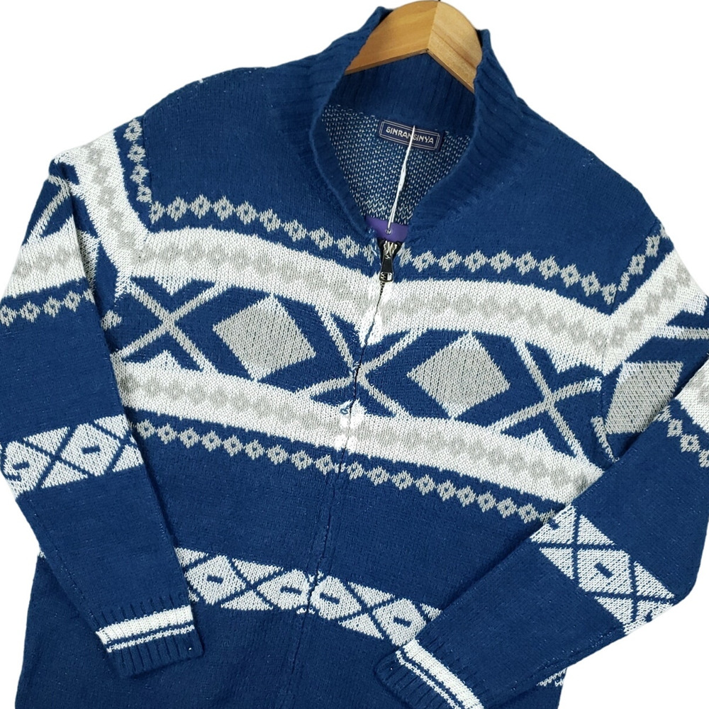 Sinransinya Womens Full Zip Knit Cardigan Sweater Large Geometric Mock Neck Blue